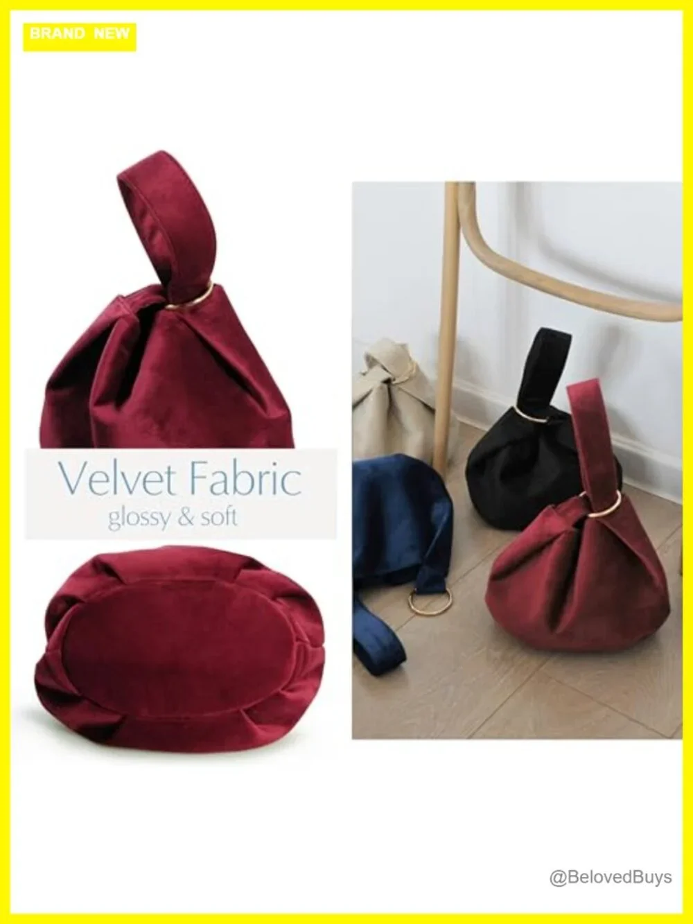 Velvet Top Handle Bucket Clutch Wristlet Purse